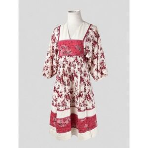 Vintage 90'S Floral Muumuu Dress V-Neck Empire Waist Pockets Pink Burgundy Cream